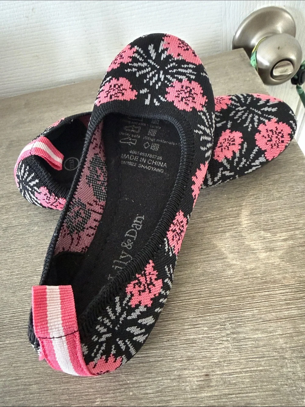 Lily & Dan Black Knit Ballet Flats with Pink Floral Pattern